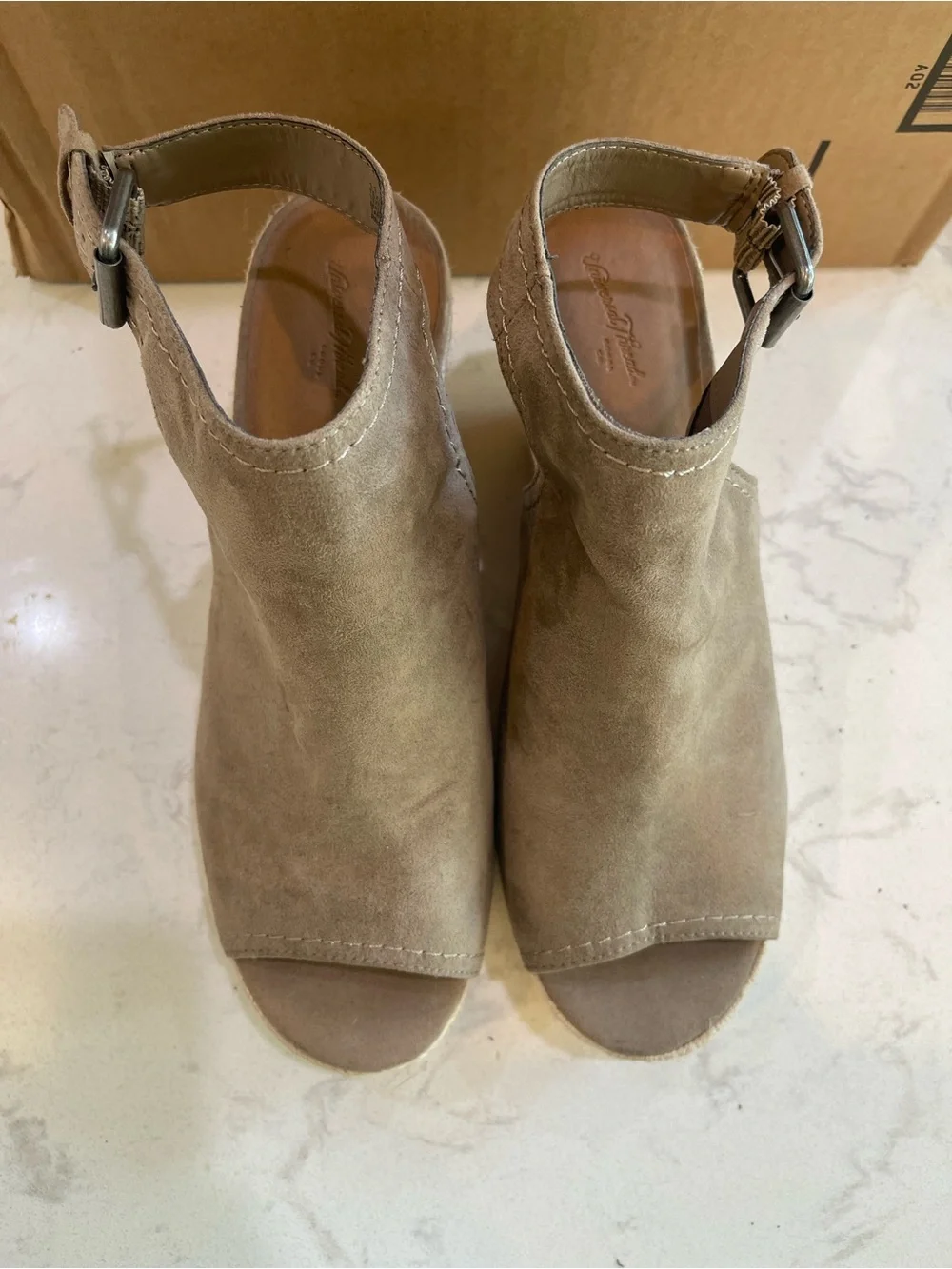 Taupe Open-Toe Suede Wedge Sandals with Ankle Strap